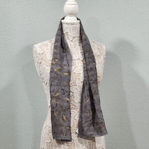 Jones New York 100% Silk Gray With Gold Leaf Accent Scarf